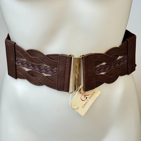 GK GRACE KARIN Belt Brown Faux Leather Front Elastic Back Gold Tone Women’s XL - Picture 1 of 4